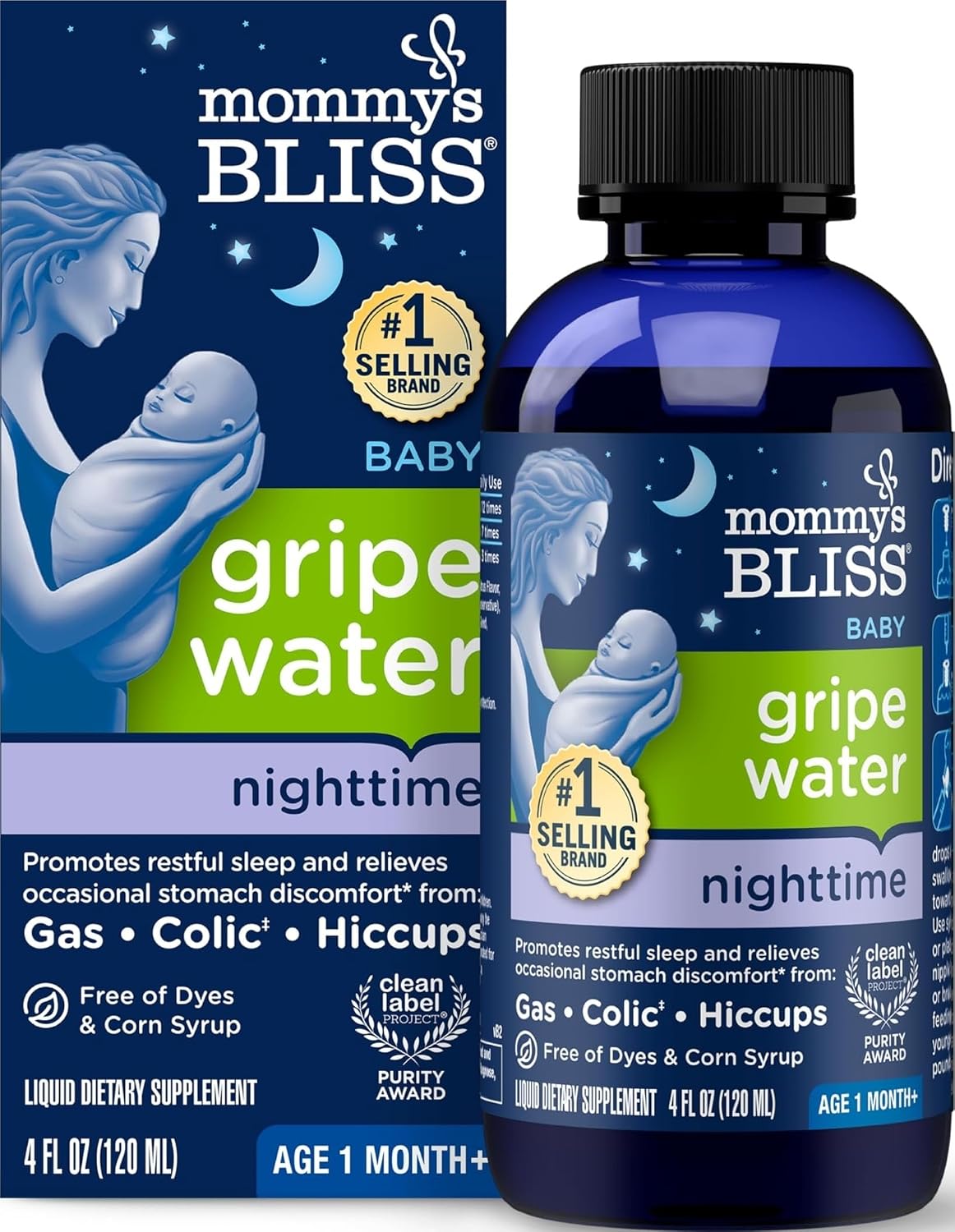 Mommy's Bliss, Bottle, Mommy's Bliss Night Time Gripe Water for Baby's Tummy Trouble - Relieves Occasional Infant Stomach Discomfort from Gas, Colic, Fussiness, Hiccups , 4 Fl Oz