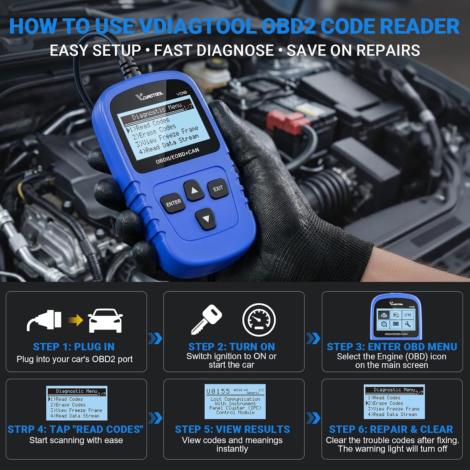 VDIAGTOOL VD10 OBD2 Scanner Code Reader Car Diagnostic Tool Engine Fault Code Reader for Turn Off CEL with Freeze Frame/I/M Readiness for All OBDII Protocol Cars, OBD2 Scanner Diagnostic Tool