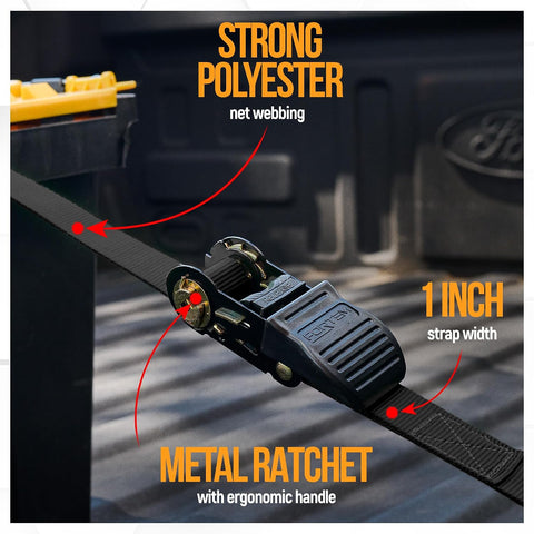 FORTEM Ratchet Straps - Tie Down Strap Set, 4 Pack, 1650lb Break Strength