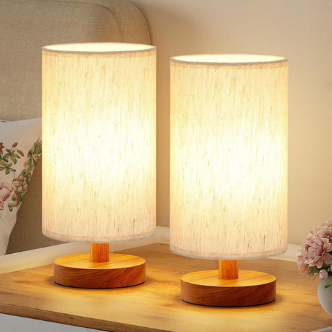 Desk Small Lamps Set of 2 (Cream Shade - Walnut Base, 9" Inline Control)
