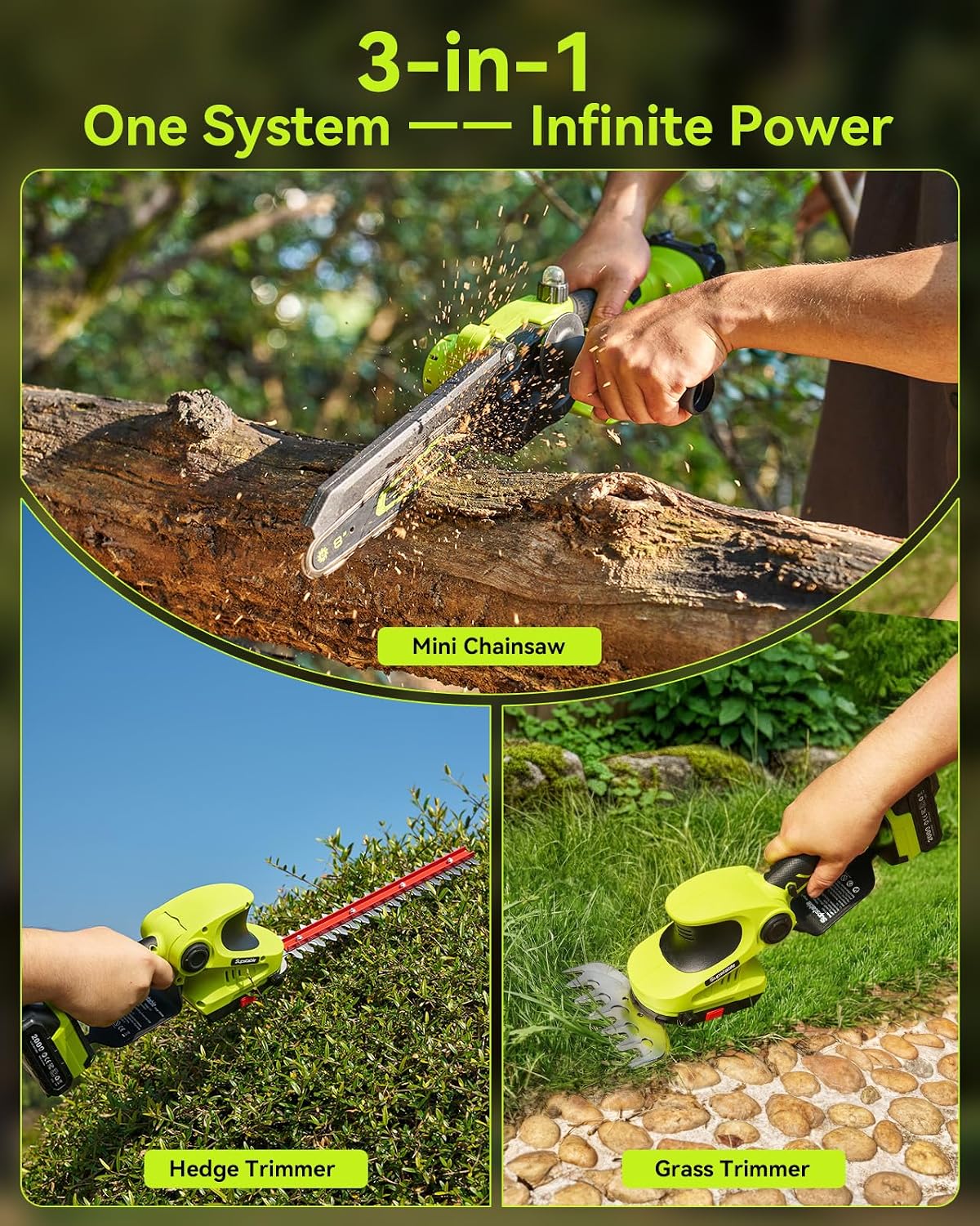 Supstable 3-in-1 Cordless Mini Chainsaw & Hedge Trimmer Combo, 8 Inch Mini Chainsaw with Grass Shear, 800W Brushless Motor, 2×4000mAh Batteries, Garden Tool Set for Tree Trimming & Lawn Care