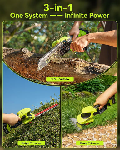 Supstable 3-in-1 Cordless Mini Chainsaw & Hedge Trimmer Combo, 8 Inch Mini Chainsaw with Grass Shear, 800W Brushless Motor, 2×4000mAh Batteries, Garden Tool Set for Tree Trimming & Lawn Care