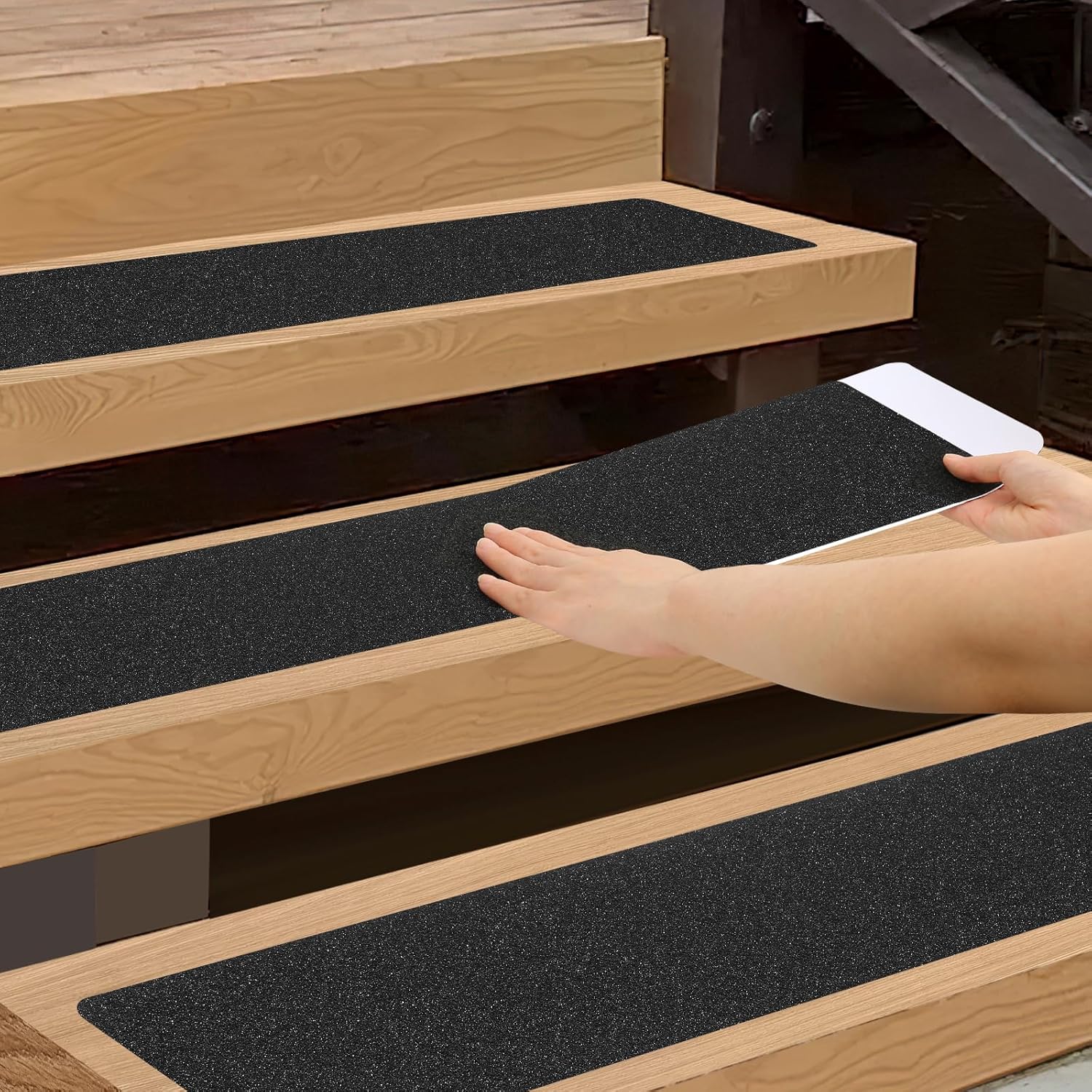 SMILOOL Outdoor Stair Treads Non-Slip Step Strips for Wooden Steps 10 Pack 6” x 30” Anti Slip Grip Tape Precut for Outside Stairs, Non Skid Stair Tread Mats Weather Resistant for Outdoors, Black
