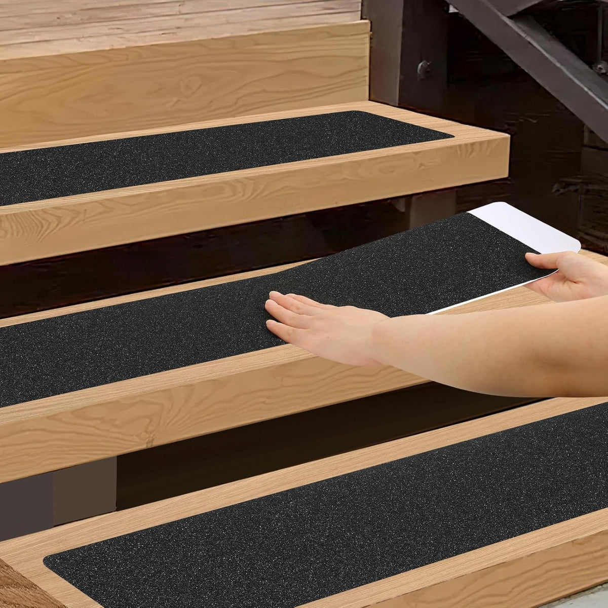 SMILOOL Outdoor Stair Treads Non-Slip Step Strips for Wooden Steps 10 Pack 6” x 30” Anti Slip Grip Tape Precut for Outside Stairs, Non Skid Stair Tread Mats Weather Resistant for Outdoors, Black