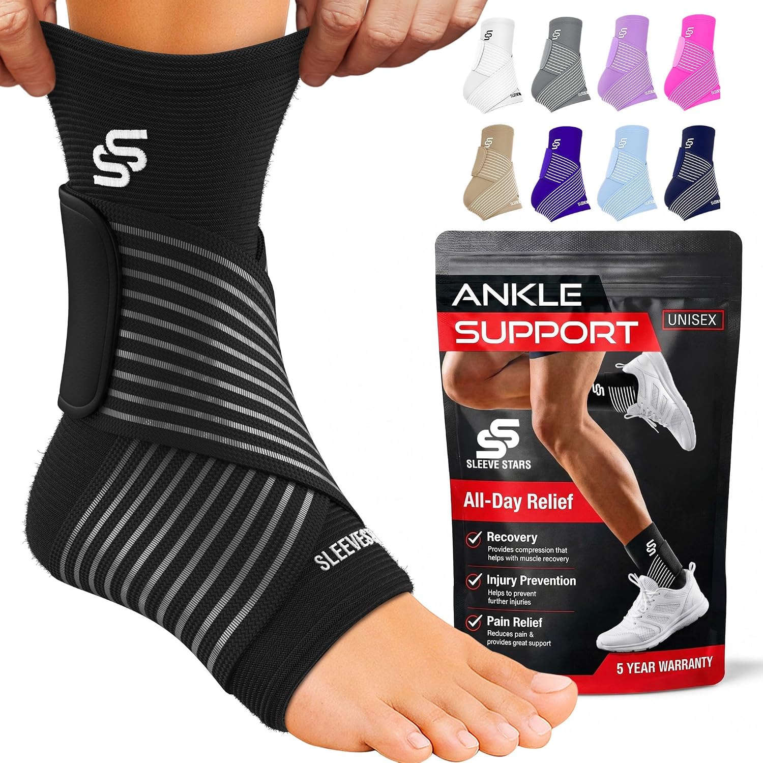 Sleeve Stars Ankle Brace Men & Women Support (Pair/M:10"-12"/Black)