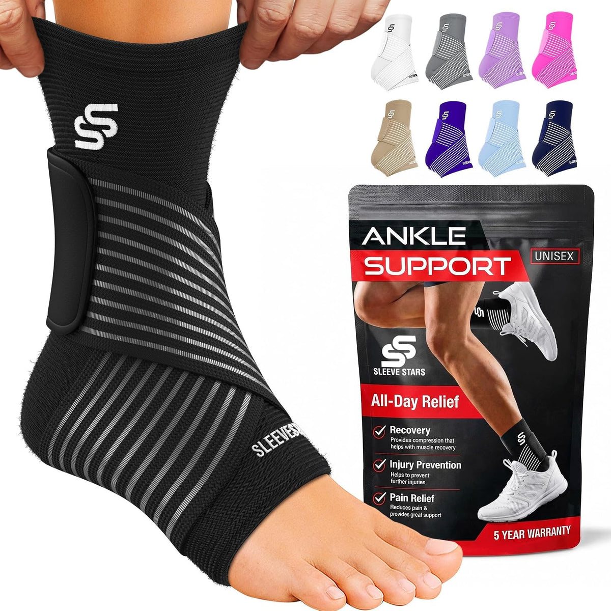 Sleeve Stars Ankle Brace Men & Women Support (Pair/M:10"-12"/Black)
