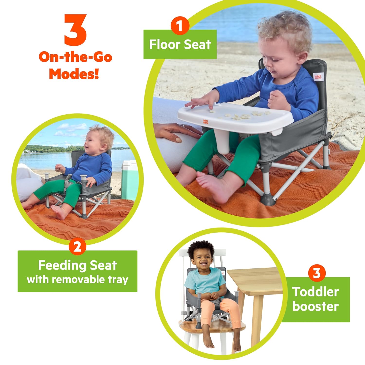 Bright Starts Pop ‘N Sit Portable Booster Seat, 3-in-1 Floor Seat, Travel High Chair & Toddler Booster with Feeding Tray, Indoor/Outdoor, Grey, 6 Months–3 Years