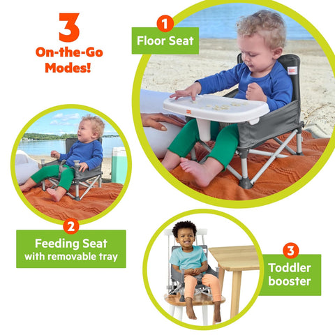 Bright Starts Pop ‘N Sit Portable Booster Seat, 3-in-1 Floor Seat, Travel High Chair & Toddler Booster with Feeding Tray, Indoor/Outdoor, Grey, 6 Months–3 Years