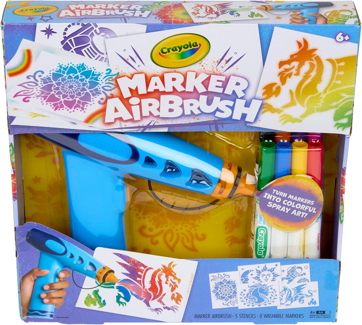 Crayola Marker Airbrush Spray Art Kit, 8 Washable Markers, 5 Stencils
