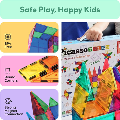 PicassoTiles 100 Piece Magnetic Tiles, Clear 3D Building Blocks for Kids 3+