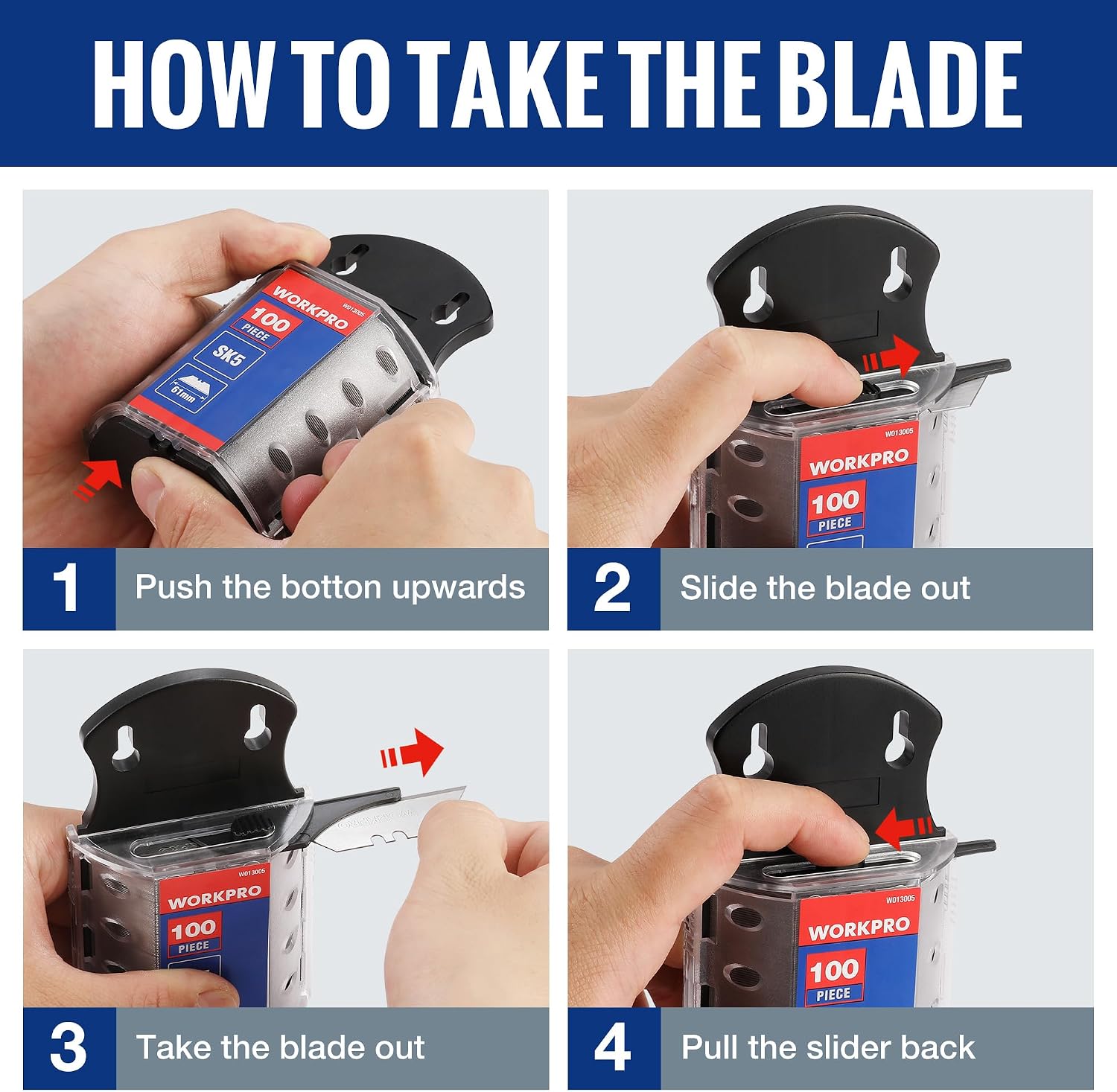 WORKPRO Utility Knife Blades, 100-Pack SK5 Steel Blades with Dispenser
