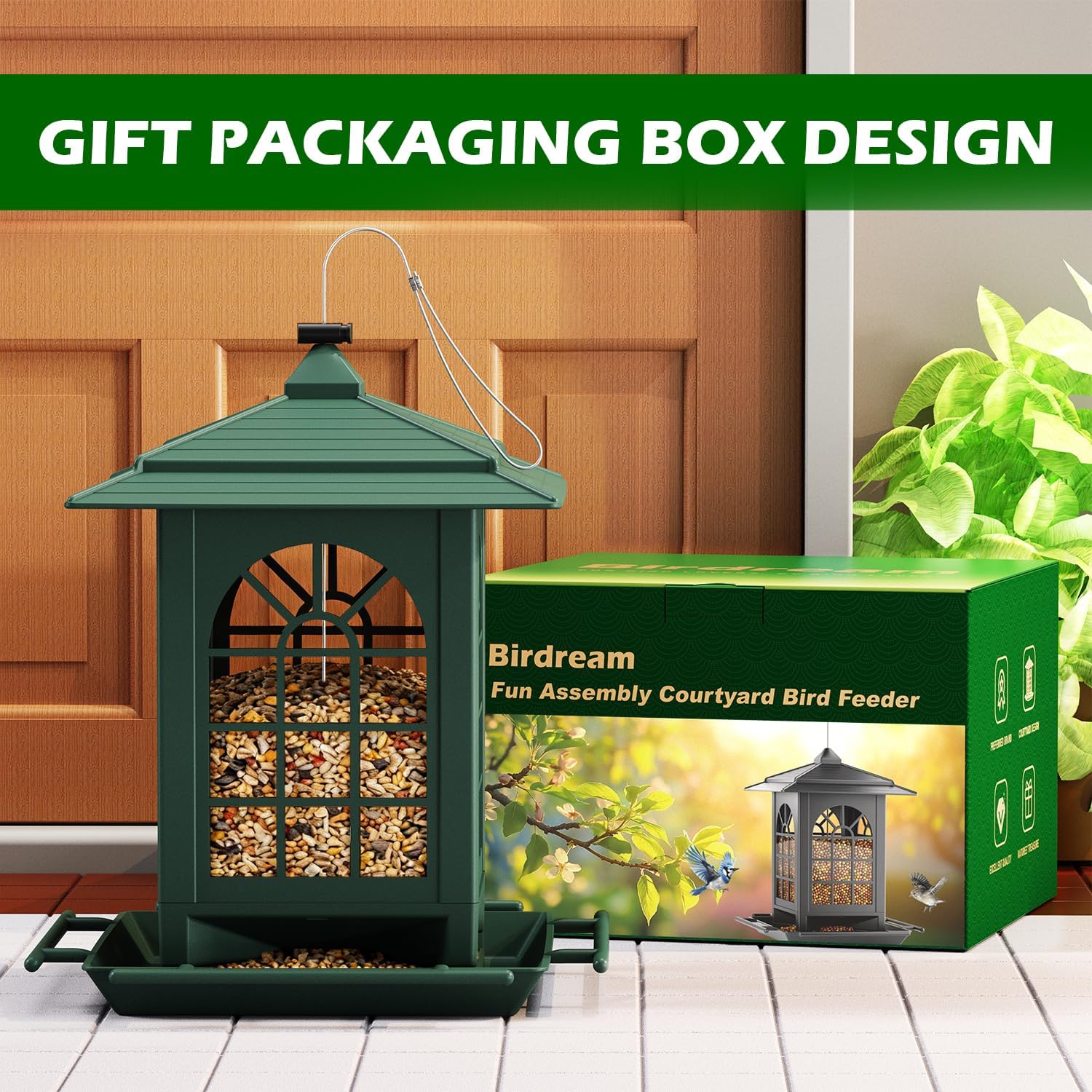 Birdream 2 Pack Bird Feeders for Outdoor Hanging, Assembly Required, 1-Min Easy Setup, Classic Courtyard Design, Attracting Cardinals Chickadees Goldfinches & Sparrows - Green