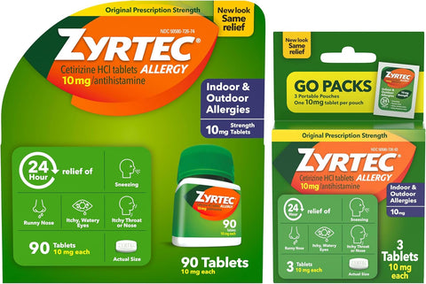 Zyrtec 24-Hour Allergy Relief Tablets, 90-Ct Size Plus 3x1-Ct Packs