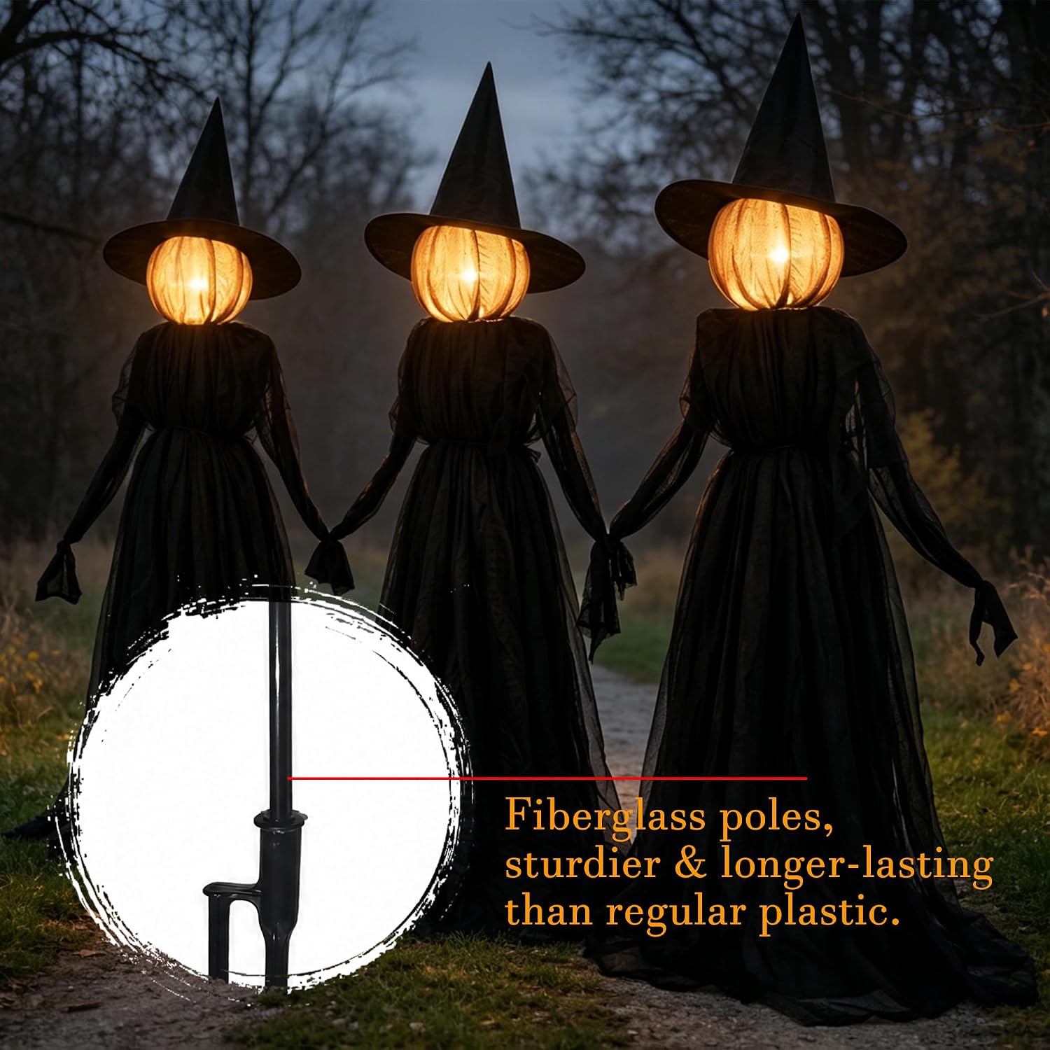 NEROSUN Halloween Witches Decorations Outdoor, 5 FT Set of 3 Light Up Holding Hands Witches with Stakes and Timer Function, Glowing Face Witch Decorations for Yard Garden Lawn Haunted House
