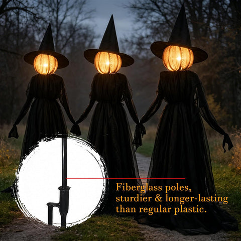 NEROSUN Halloween Witches Decorations Outdoor, 5 FT Set of 3 Light Up Holding Hands Witches with Stakes and Timer Function, Glowing Face Witch Decorations for Yard Garden Lawn Haunted House