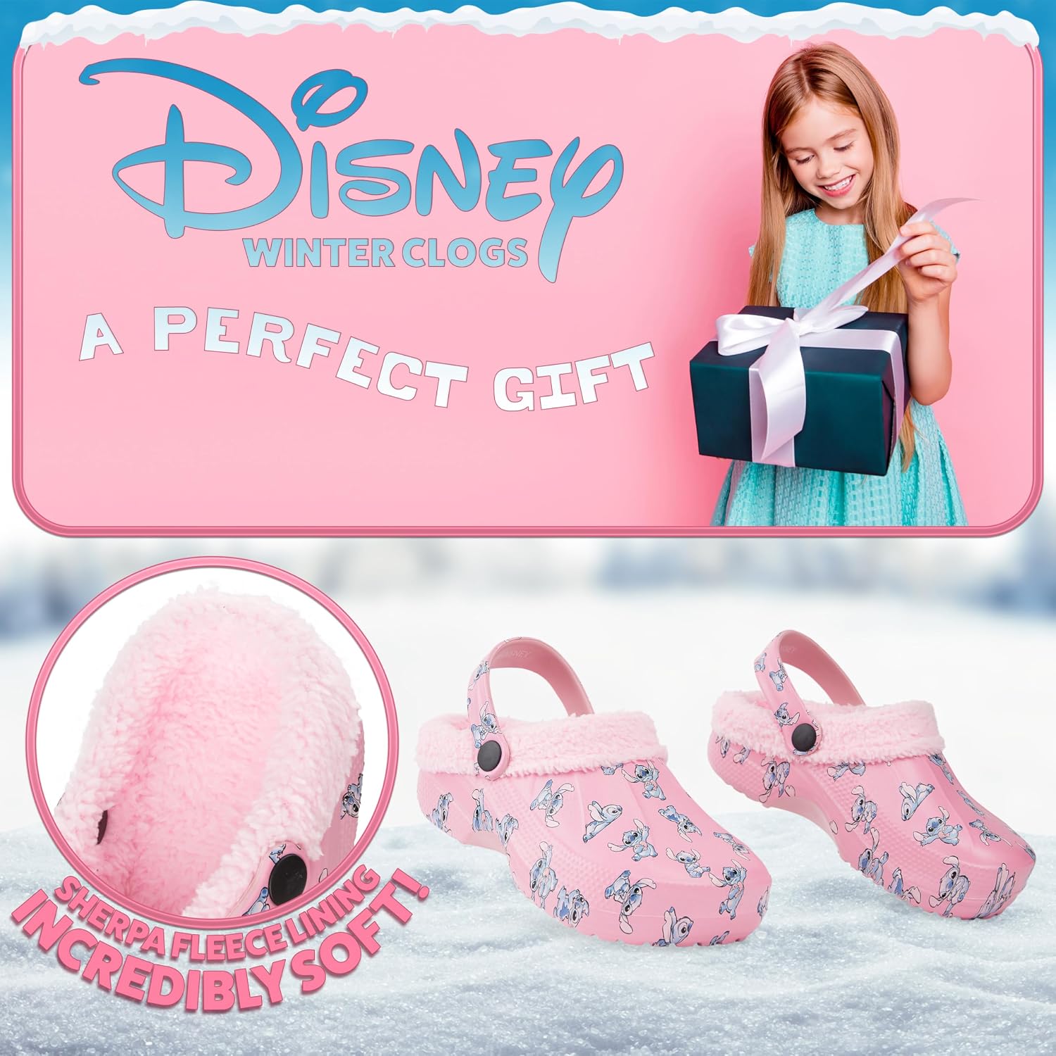 Disney Stitch Clogs for Girls with Fleece Lining, Slip On Shoes, Cozy Indoor, Outdoor Winter Clogs, Cute Gifts for Girls