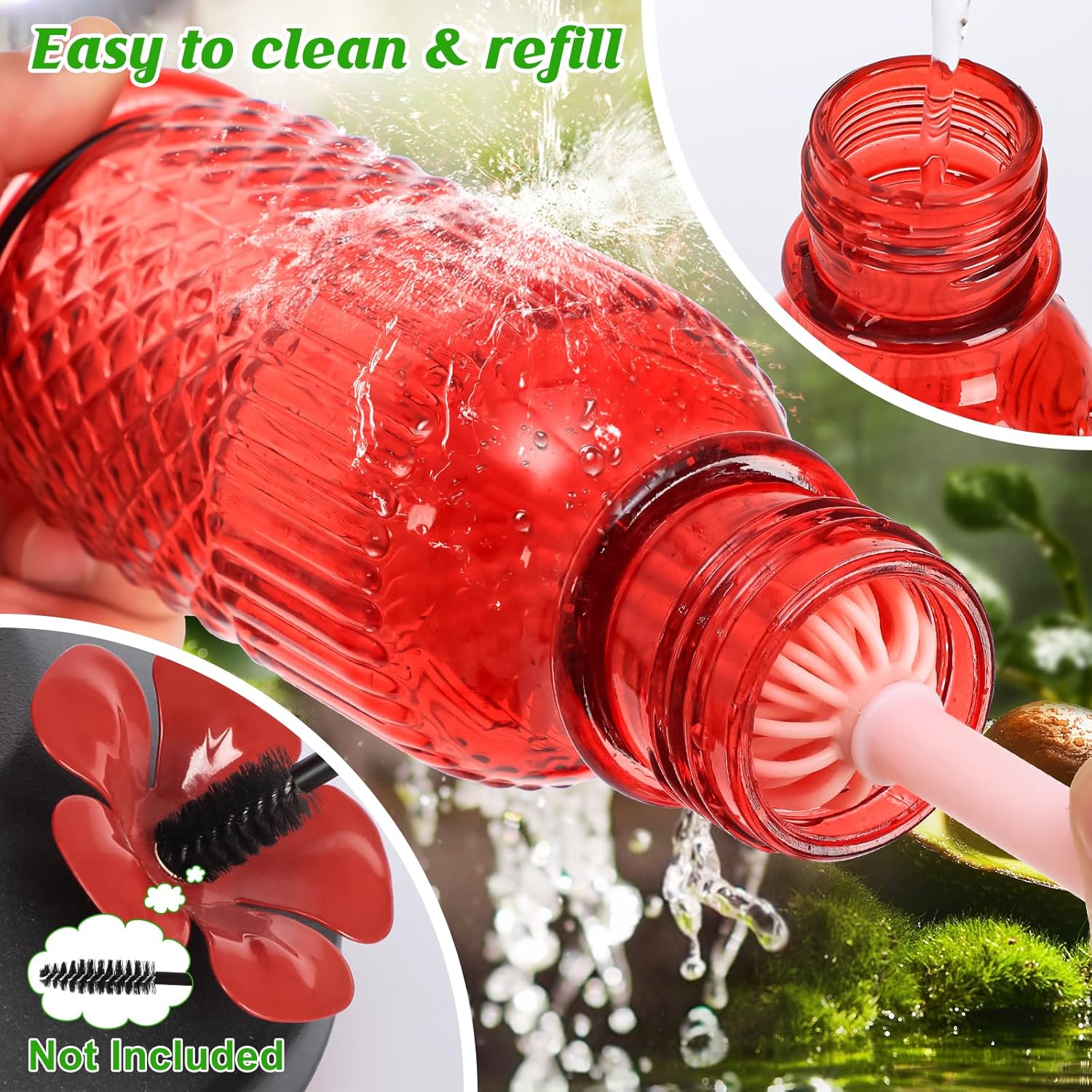 FEED GARDEN Glass Hummingbird Feeder for Outdoors Hanging, 16 oz Leak-Proof Nectar Feeder with Bee Guards & Ant Moat, 4 Metal Flower Feeding Ports, 360° Perch Ring, Easy Refill & Clean, Red