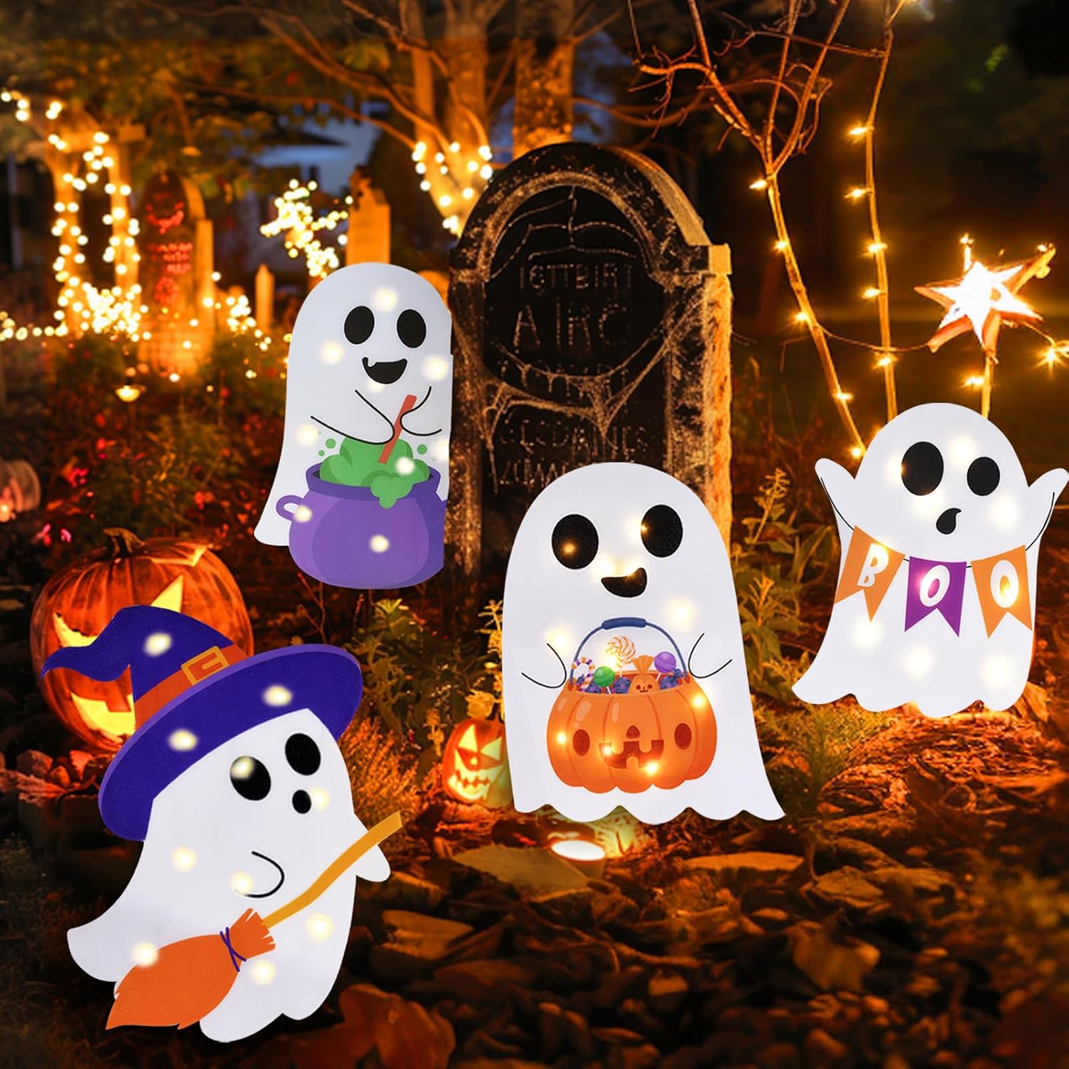 Lighted Cute Ghost Yard Signs, 4 Packs Halloween Decorations Outdoor Scary Witch Pumpkin Boo Signs with Lights for Lawn Garden Yard Stakes Outside Halloween Decoration Decor Clearance