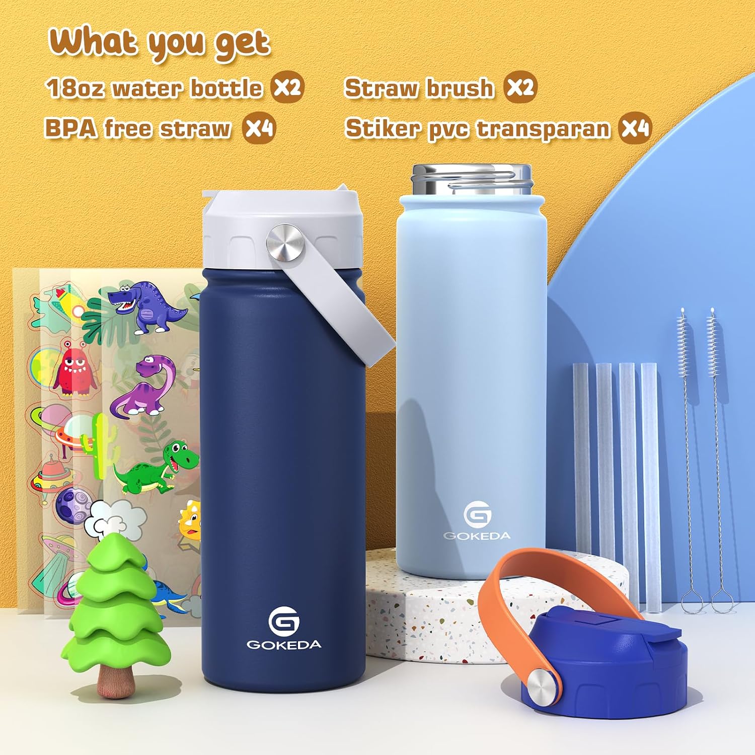 GoKEDA 18oz Kids Water Bottle, 2 Pack Stainless Steel Straw Cup