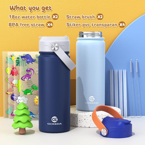 GoKEDA 18oz Kids Water Bottle, 2 Pack Stainless Steel Straw Cup