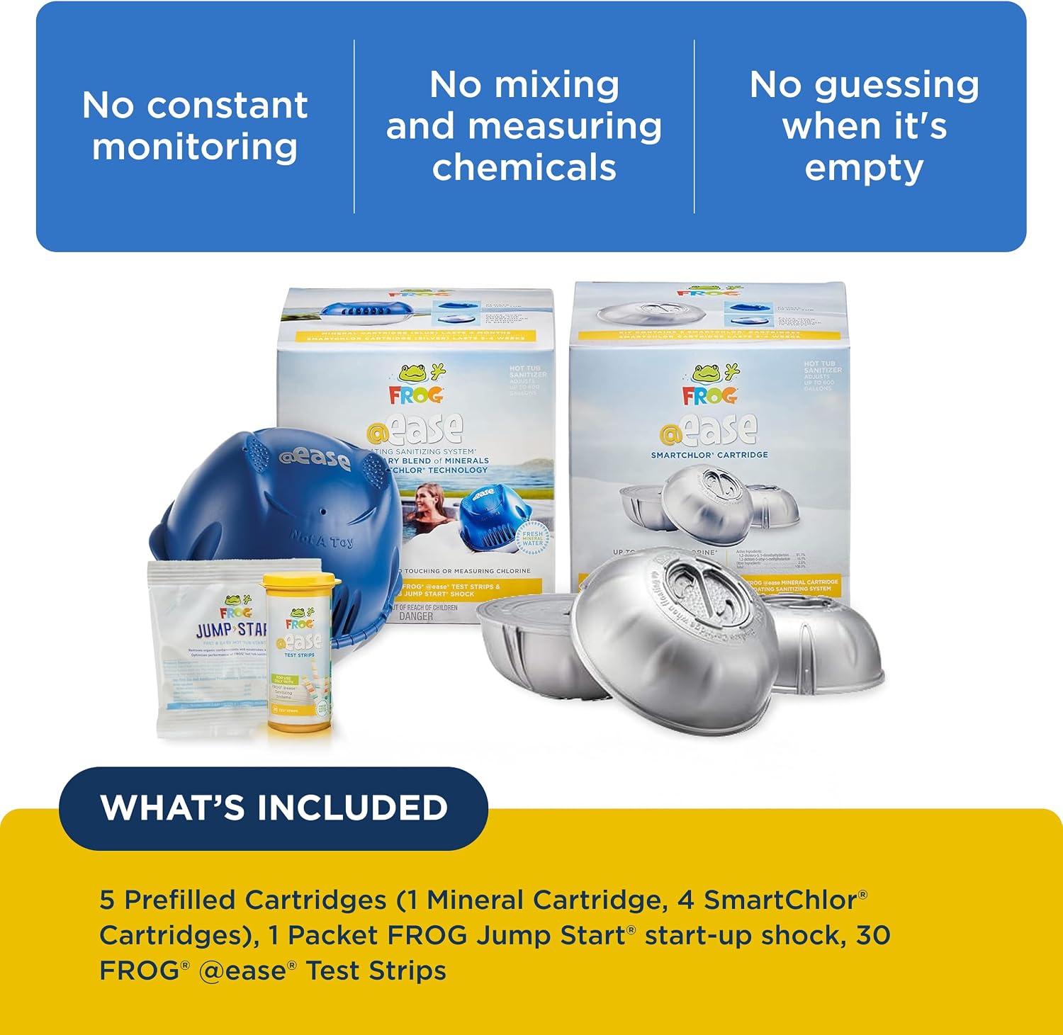FROG @Ease Floating System for Hot Tubs - Quick & Easy Self-Regulating Hot Tub Sanitizer - Hot Tub Maintenance System with Sanitizing Minerals & SmartChlor Technology - 4 Month Bundle