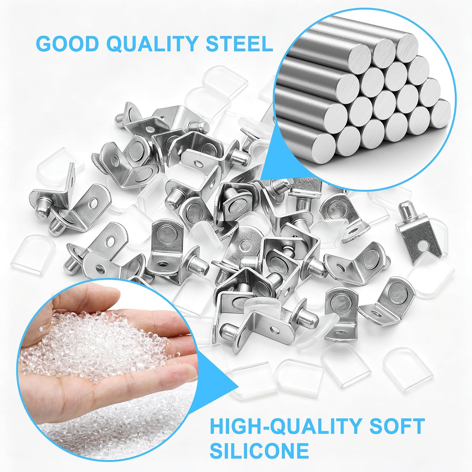 Shelf Support Pegs,40 Pcs Cabinet Shelf Bracket Pegs with Rubber Sleeve,1/4 Inch Diameter Pegs for Shelves,L-Shaped Nickel Plated Shelf Pins Holders for Bookcase Kitchen Closet Glass Shelves-Silver