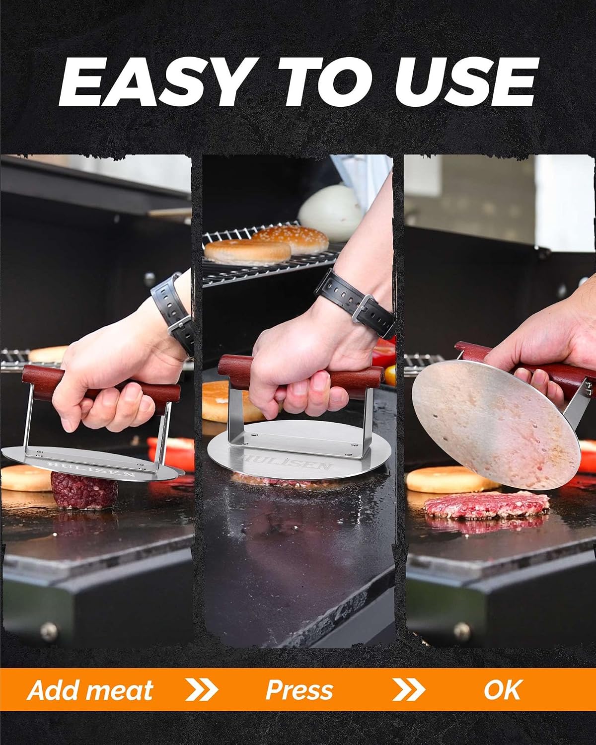 HULISEN Stainless Steel Burger Press, 6.2-Inch Round Burger Smasher