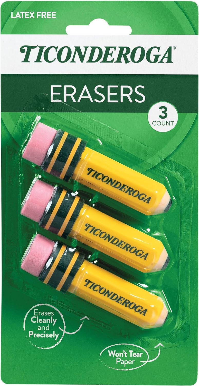 Ticonderoga Pencil Shaped Erasers, Yellow, 3 Count