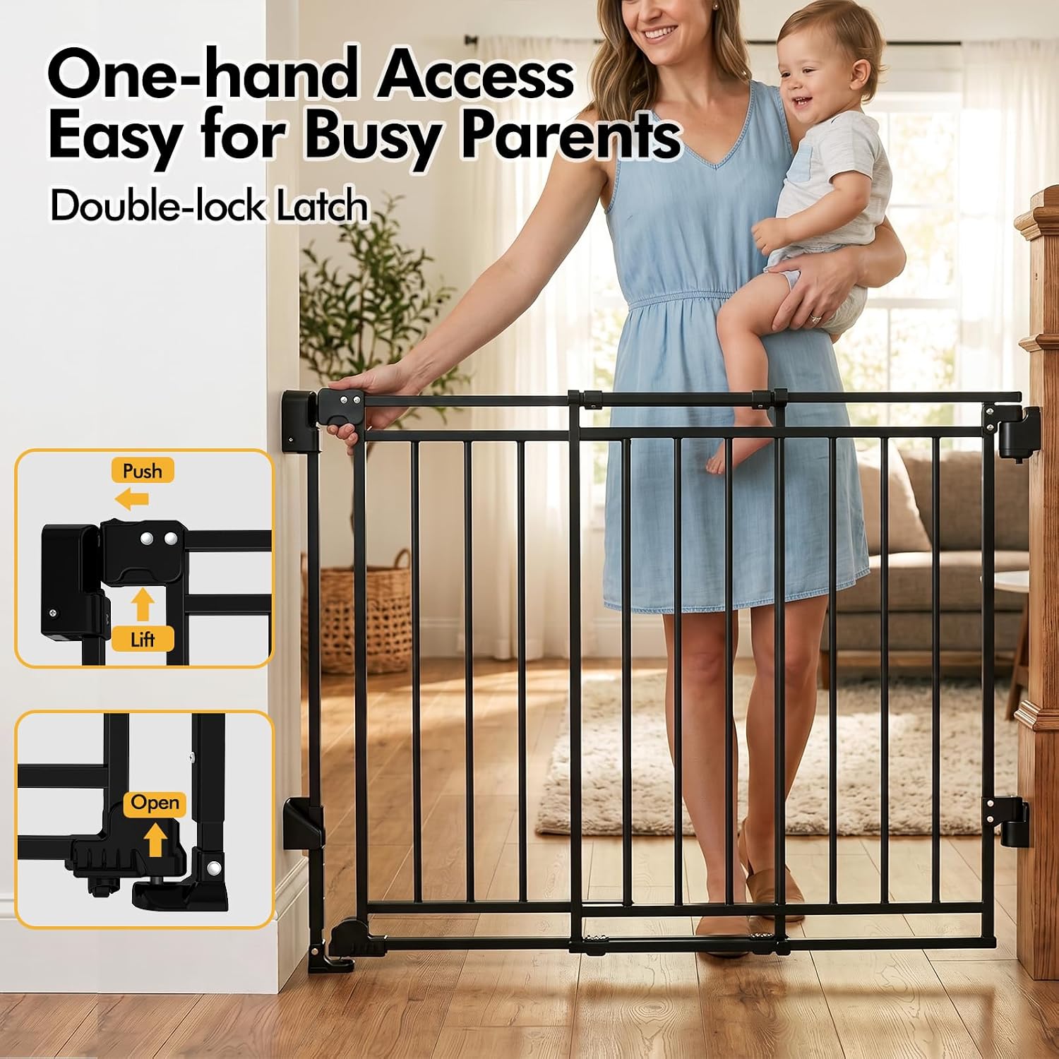 Baby Gate with No Bottom Bar, 29" H x 26.4-43" W, Black | Drill Required, Hardware Mounted, One-Hand Operation, Auto Close, Two-Way Swing for Stairs & Doorways