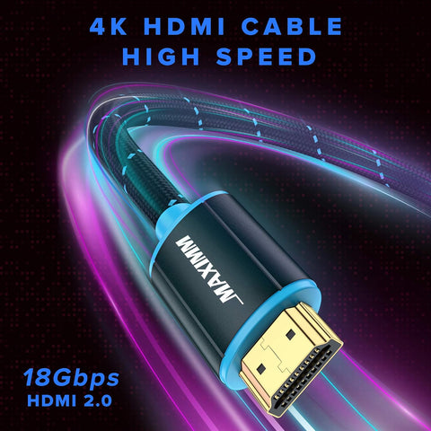 Maximm HDMI Cable 4K 15 Ft, 3-Pack, Braided, 18 Gbps, Gold-Plated
