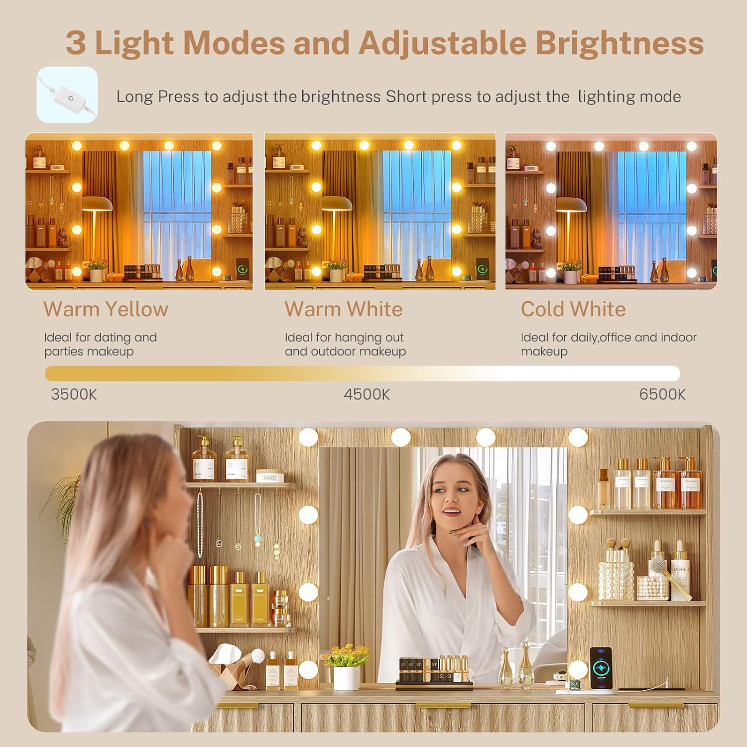 Quimoo Fluted Vanity Desk with Mirror and Adjustable LED Lights & Power Outlet, Makeup Vanity Desk with 7 Drawers,4 Shelves and 5 Hooks, Vanity for Girls, Natural Oak