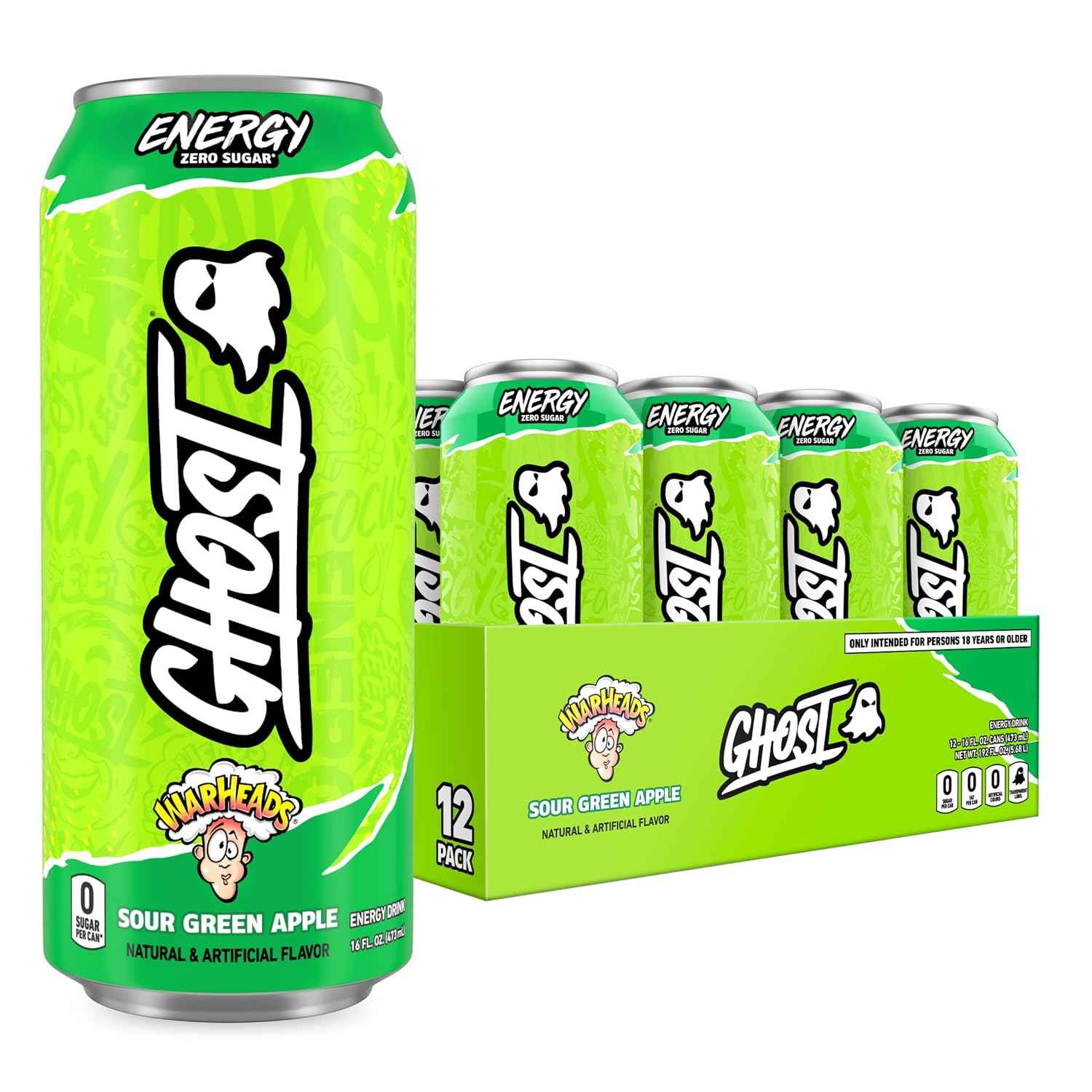 GHOST Energy Drink, Zero Sugars, 12-Pack, Warheads Sour Green Apple, 16oz