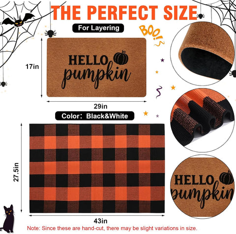 2 Pack Halloween Door Mat Set, Pumpkin Coir Mat & Orange Black Plaid Mat