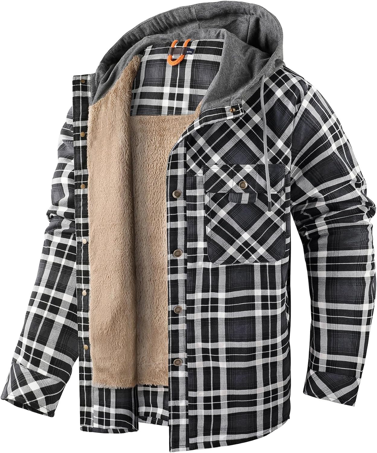 Mr.Stream Men's Hooded Coat Casual Thicken Plaid Work Flannel Snap Sherpa Lined Fleece Shirt Jacket