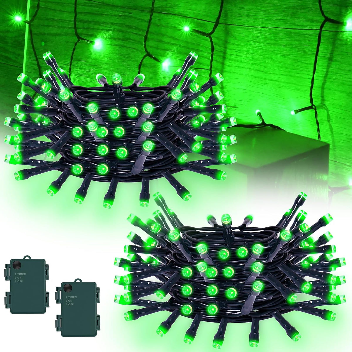 cshare Green String Lights Battry Operated with Timer Waterproof, Halloween String Lights for Outside 16.4ft 50LED Indoor Outdoor Halloween Decorations Garland Party Patio Garden Yard 2 Packs