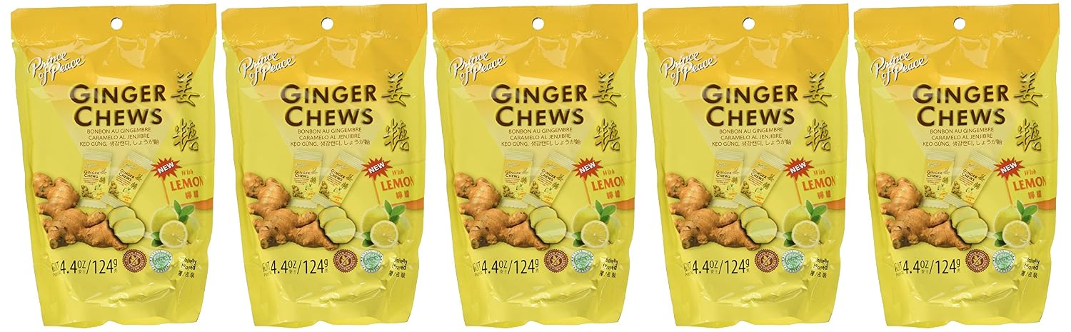 5 Packs of Prince of Peace 100 Percent Natural Ginger Candy Chews (Lemon, 4 Ounce)