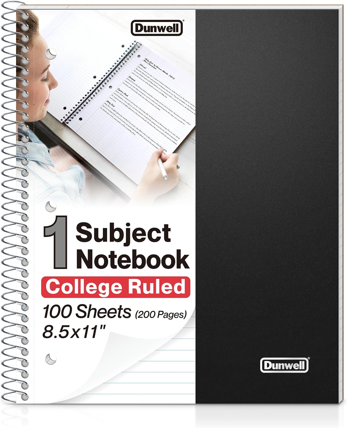 Dunwell 1-Subject College Ruled Spiral Notebook 8.5x11, 100 Sheets, Black