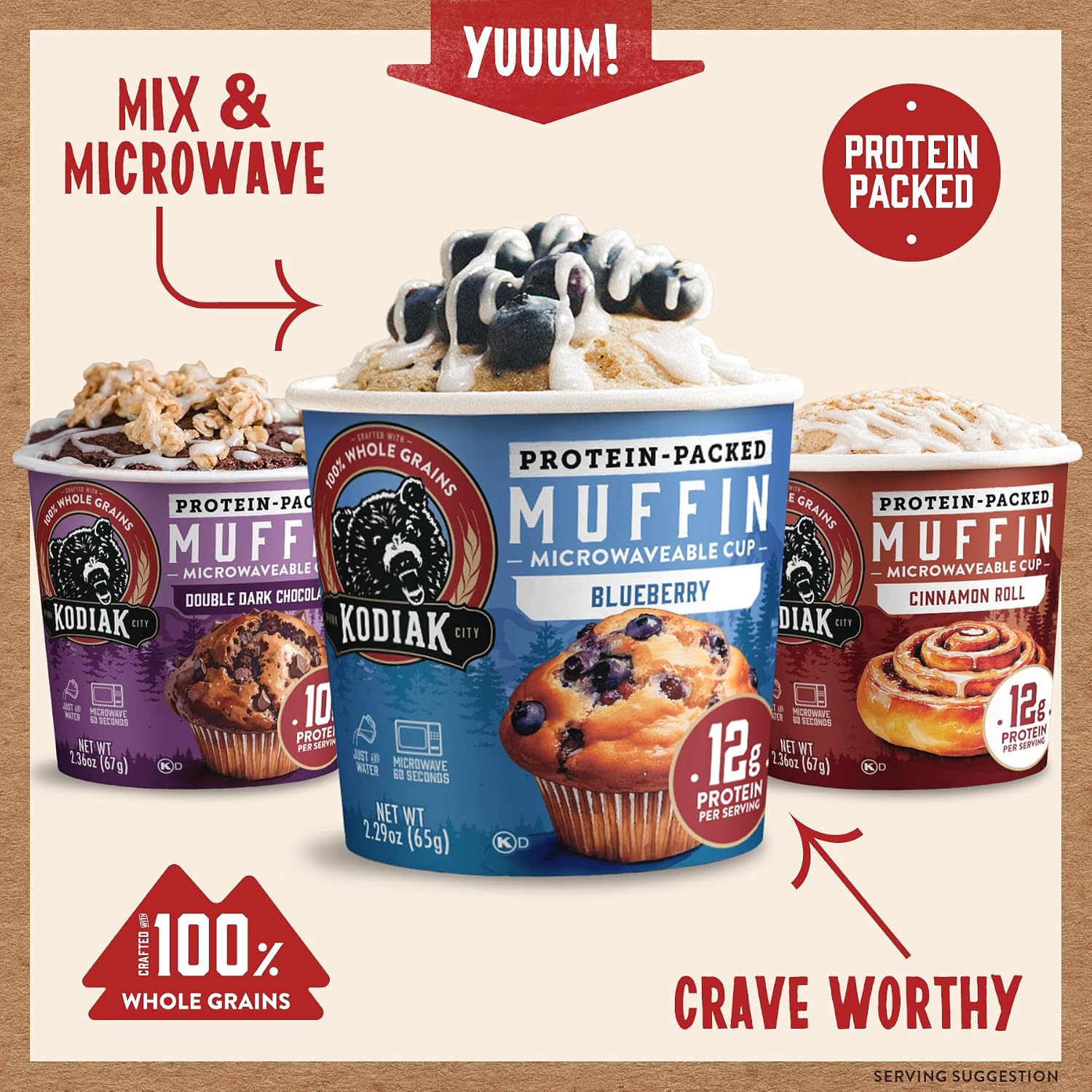Kodiak Muffin Cup Variety Pack, Whole Grain, High Protein Muffins,12pk