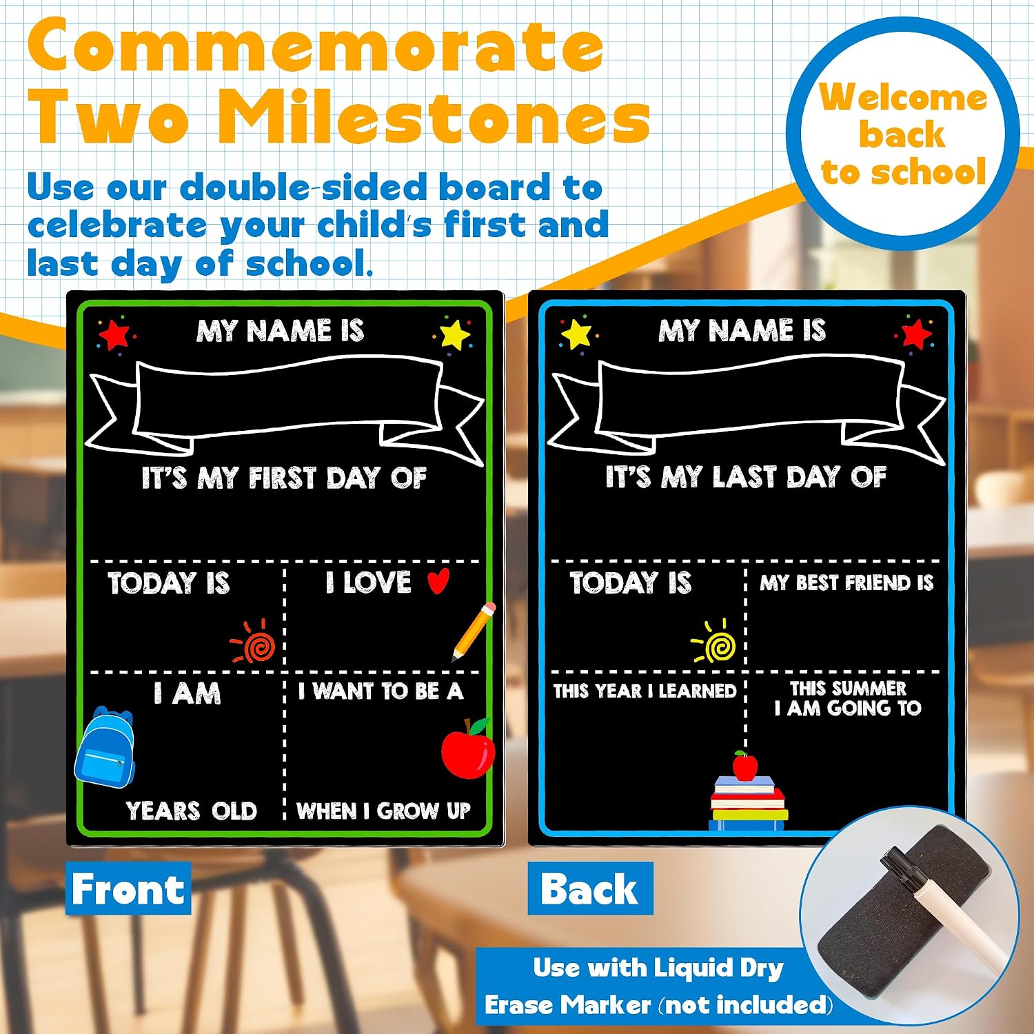 First Day of School Sign, 14 x 11 in Double-Sided & Reusable Board for Kids