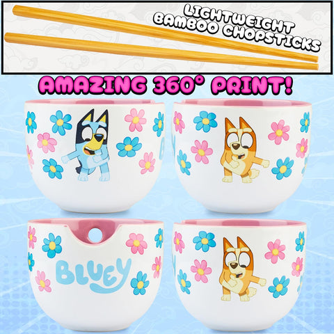 Get Trend Bluey Ceramic Ramen Bowl 3 Pc Set with Bamboo Chopsticks, Spoon for Kids Teens Adults, 20oz Noodle Bowl, Microwave Safe, Gifts for Kids (Multi Bluey)