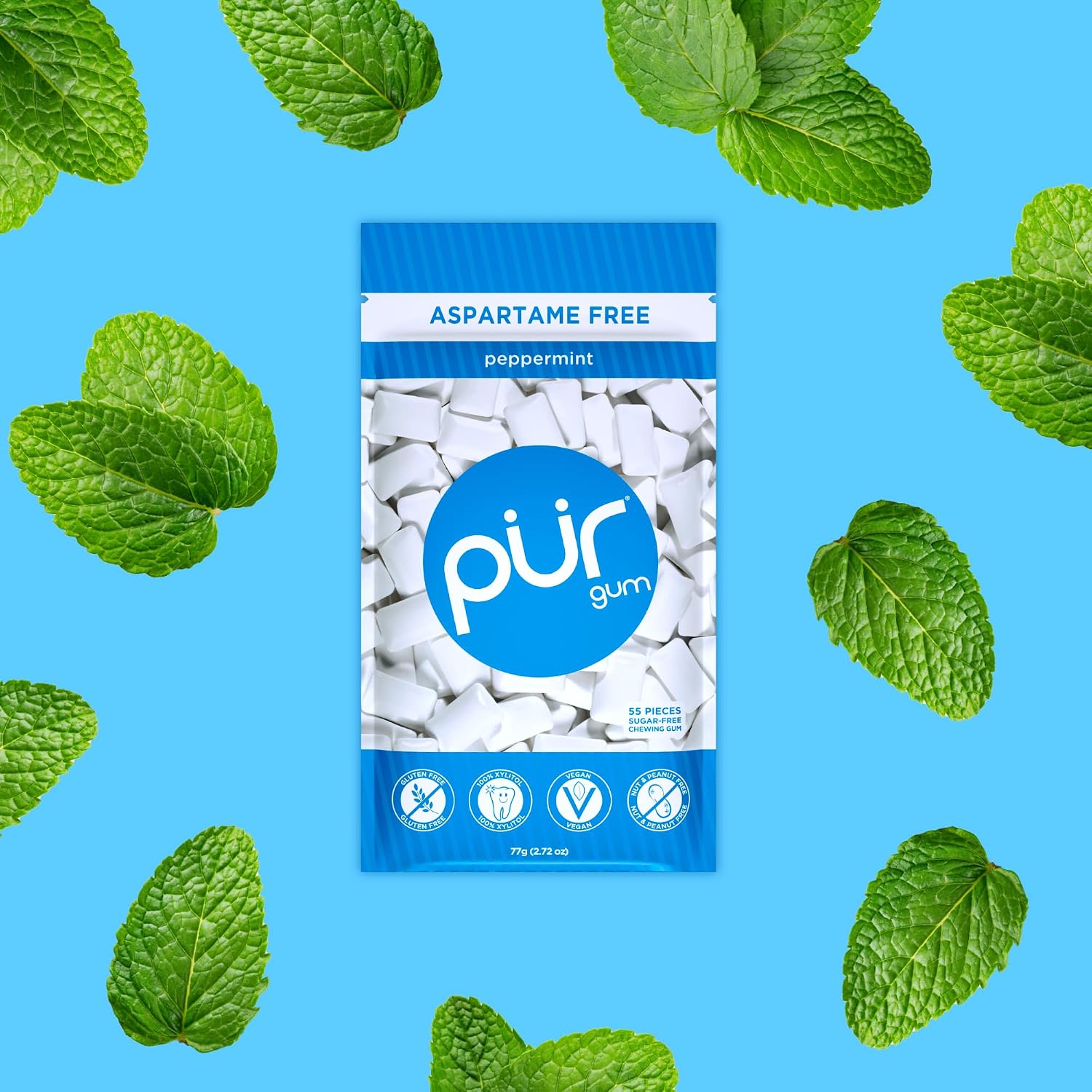 PUR Gum, Peppermint, Xylitol Gum, No Artificial flavour, 165 Count (3x55)
