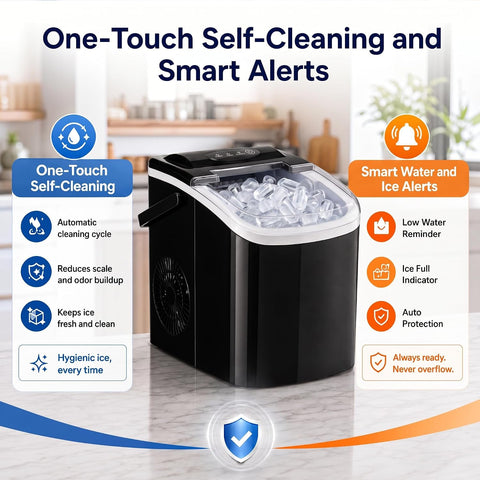 Portable Ice Maker with Handle, 26.5 lbs/Day Countertop Bullet Ice Maker, 9 Cubes Ready in 6 Mins, 42 dB Quiet, Self-Cleaning with Viewing Window, Basket & Scoop