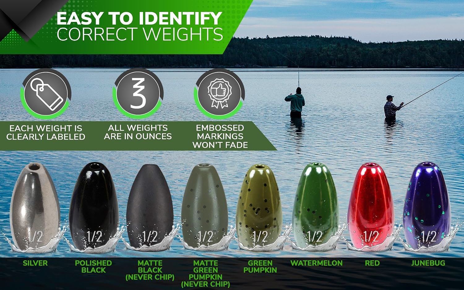 Reaction Tackle Tungsten Flipping Weights for Bass Fishing - Punch Sinkers for Heavy Cover - Size Stamped Texas and Carolina Rig Freshwater and Saltwater