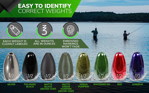 Reaction Tackle Tungsten Flipping Weights for Bass Fishing - Punch Sinkers for Heavy Cover - Size Stamped Texas and Carolina Rig Freshwater and Saltwater