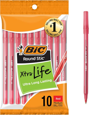 BIC Round Stic Xtra Life Red Ballpoint Pens, Medium Point, 1.0mm, 10-Count