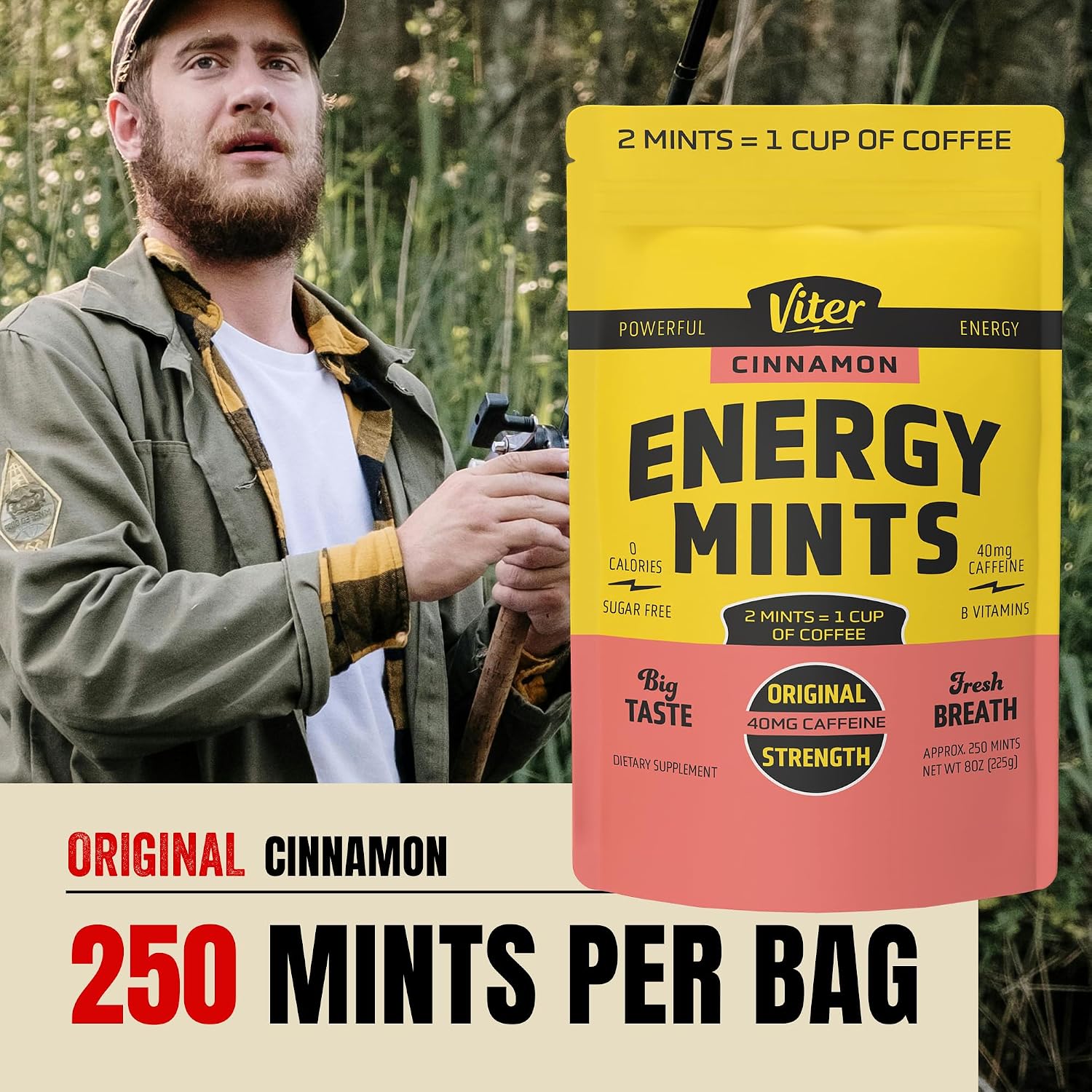 Viter Energy 40mg Caffeine Mints - Sugar Free, B Vitamins, Vegan, Boosts Fast Energized Alert Focus, Caffeinated Nootropic Supplement Pills (Cinnamon Flavor, 8oz, Bulk Bag)