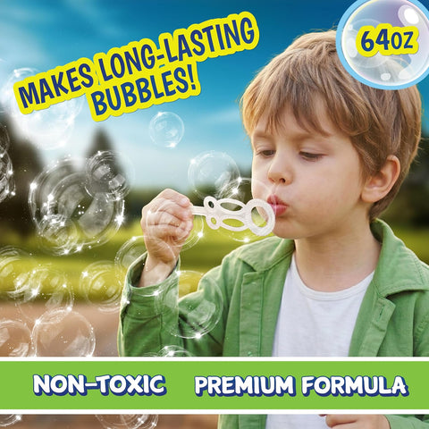 Made in USA Bubble Solution Refill with Wand 64oz Non Toxic Dye Free (1/2 Gallon), Kids Easy Grip Bottle Refill for Bubble Machine, Bubble Wands, Bubble Toys, Blue Bottle