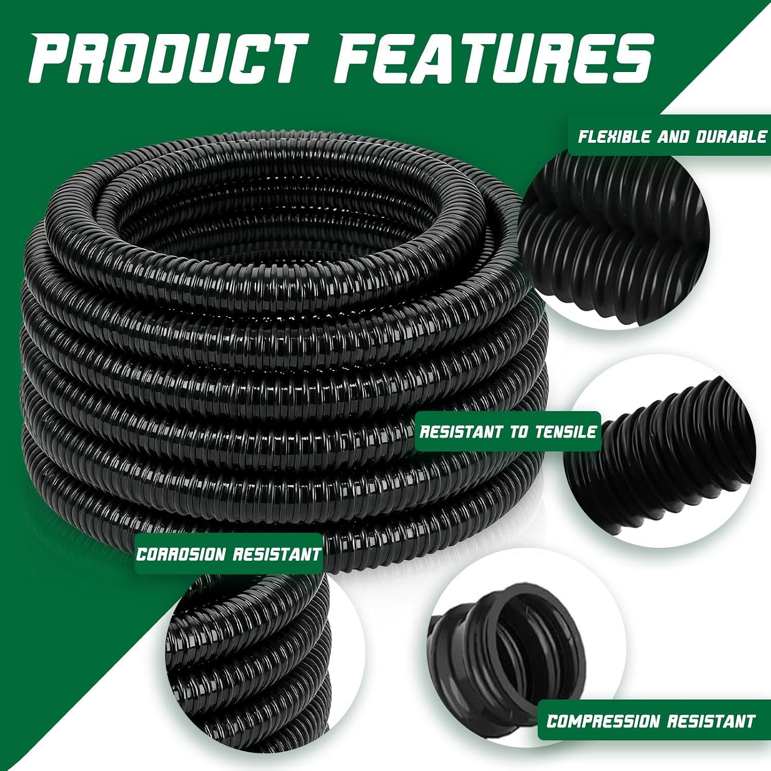 Pond Tubing 1-1/2” × 10 Feet Black Flexible PVC Pond Hose,Garden Pond PVC Tube - Reinforced, Kink-Resistant Tubing for Pumps, Fountains & Waterfalls, with 4 Clamps,1-1/2" Dia