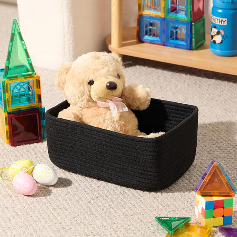 MiniArk Small Storage Baskets for Organizing | Closet Organizer Bins | Shelf Toy Basket | Woven Rope Baskets | Cube Decorative Box | Shallow Basket | 11.5x7.5x4.7” | 3 Packs Black