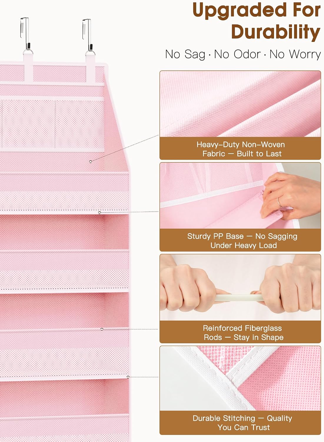 Criusia Over the Door Organizer, 6-Shelf Closet Hanging Storage with 13 Mesh Pockets, 55lbs Capacity Behind the Door Storage for Baby Nursery, Bathroom, Bedroom, and Dorm, Pink